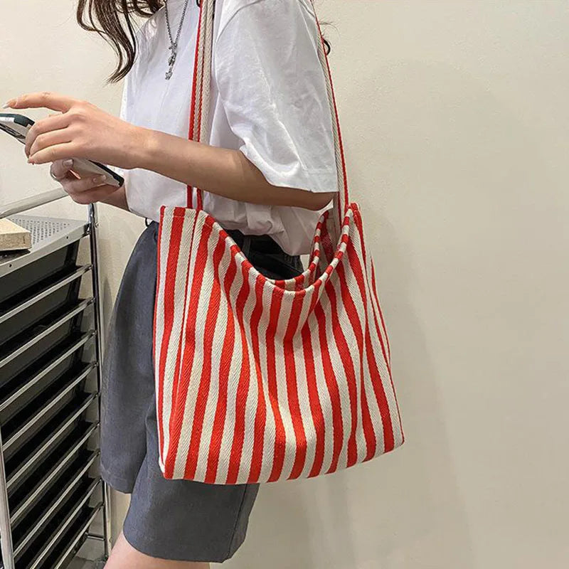 Bolso tote de lona a rayas con dos asas