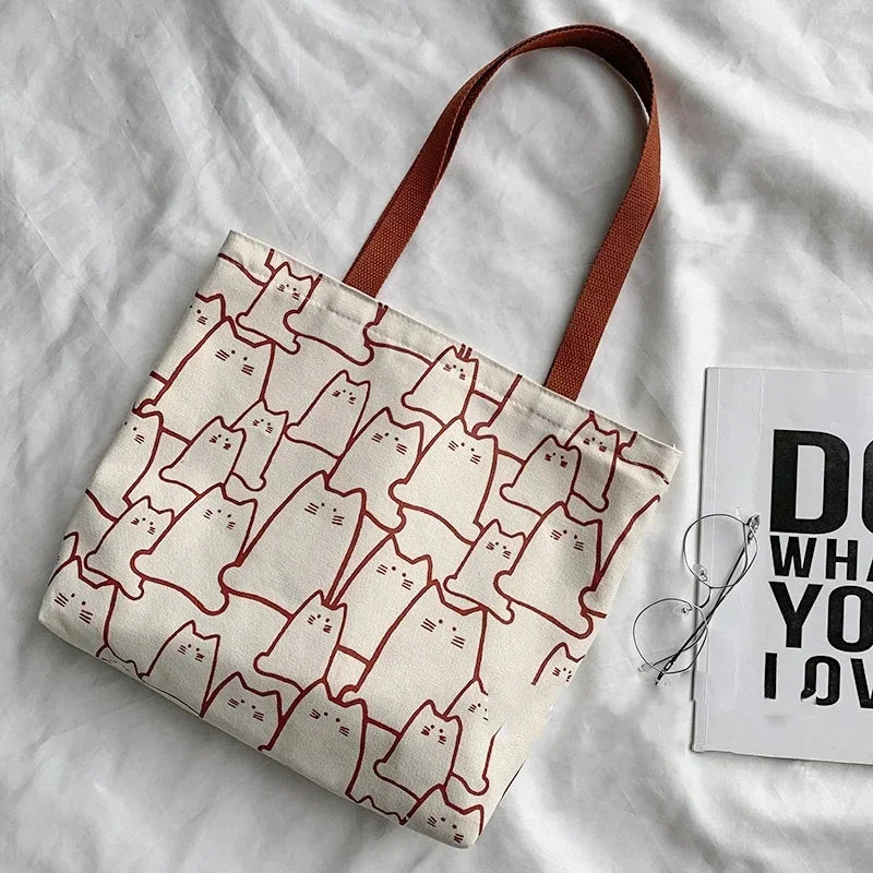Bolso tote de lona con estampado de gato