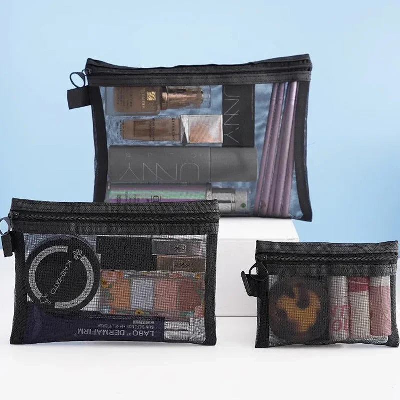 Neceser negro de malla de nylon con cierre para maquillaje