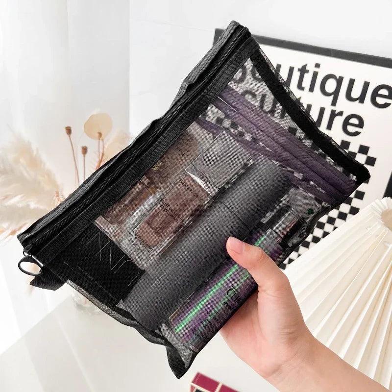 Neceser negro de malla de nylon con cierre para maquillaje
