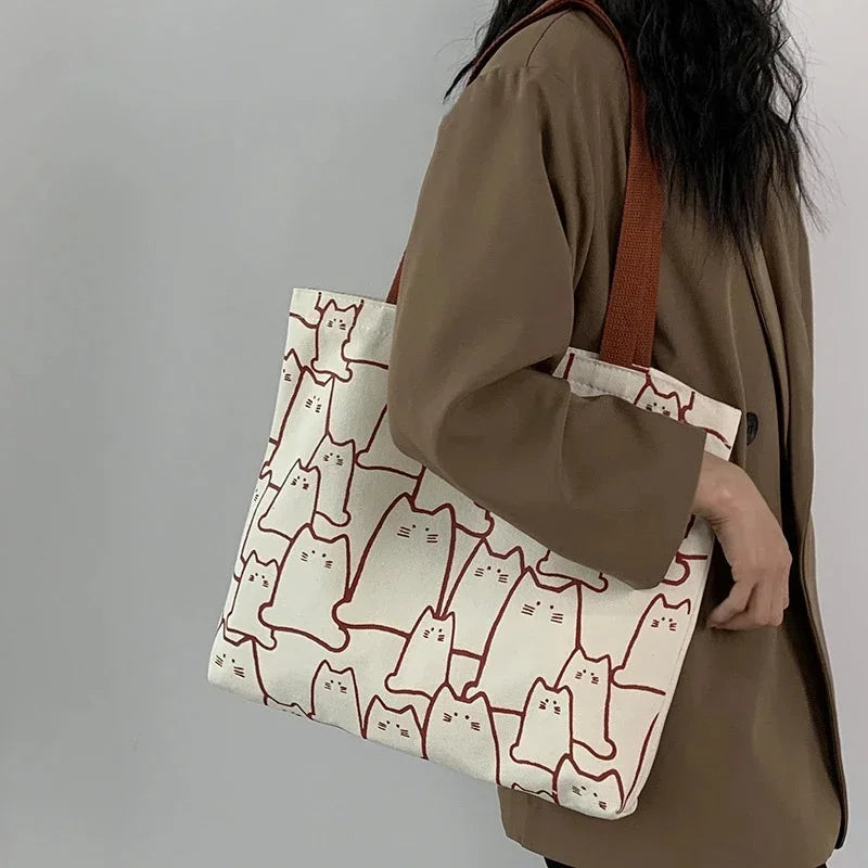 Bolso tote de lona con estampado de gato