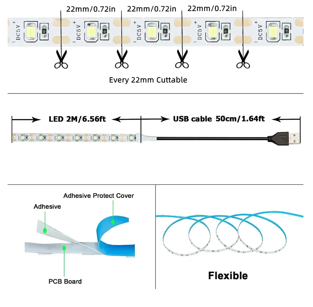 Tira LED USB de 5 V con luz blanca o cálida