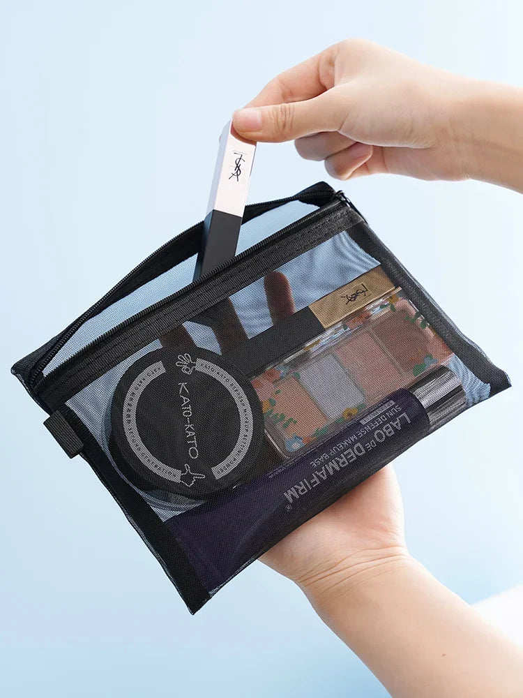 Neceser negro de malla de nylon con cierre para maquillaje