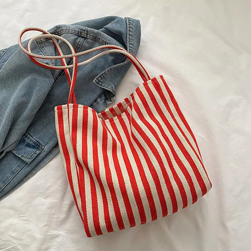 Bolso tote de lona a rayas con dos asas