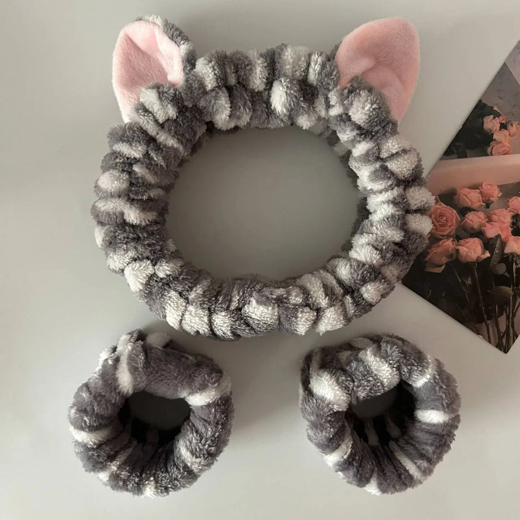Set de vincha con orejas de gato y muñequeras para limpieza facial