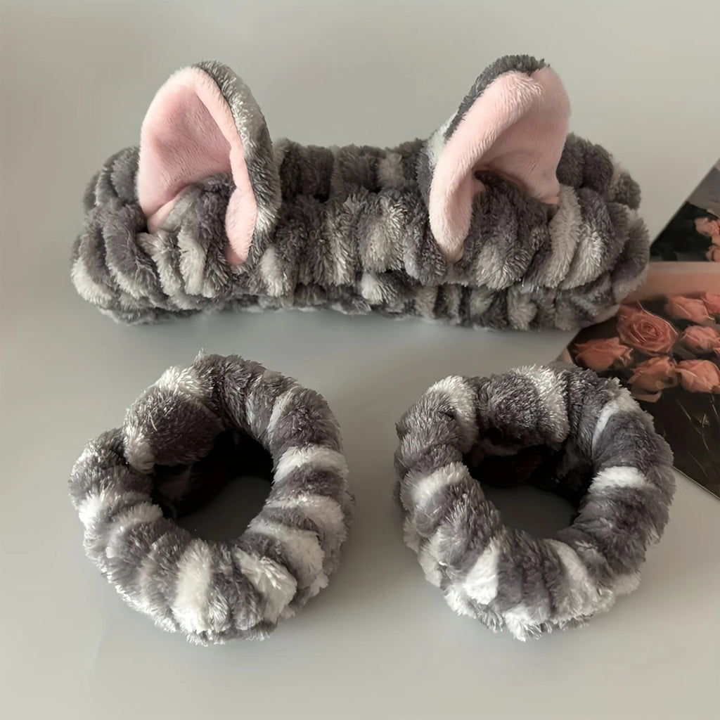 Set de vincha con orejas de gato y muñequeras para limpieza facial
