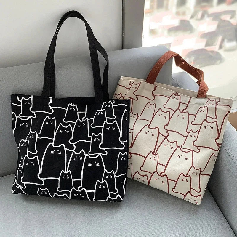 Bolso tote de lona con estampado de gato
