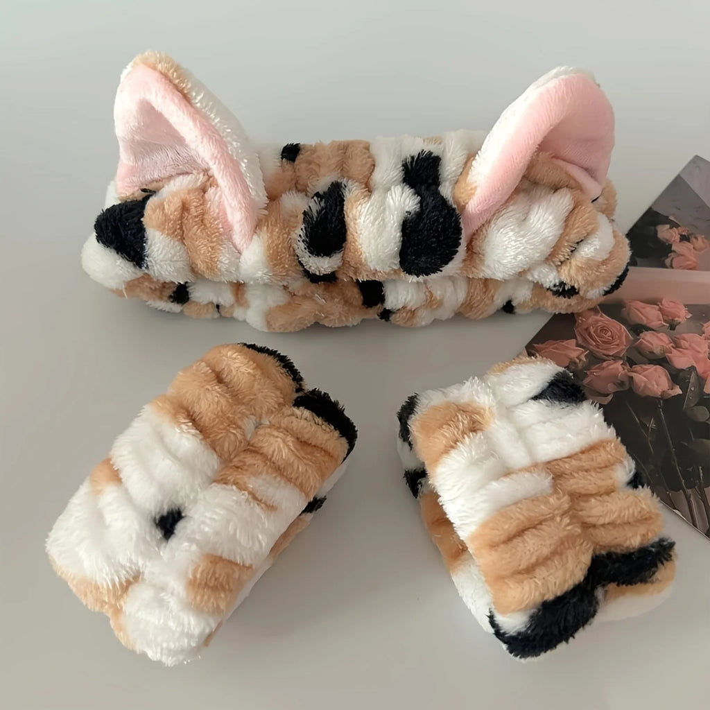 Set de vincha con orejas de gato y muñequeras para limpieza facial