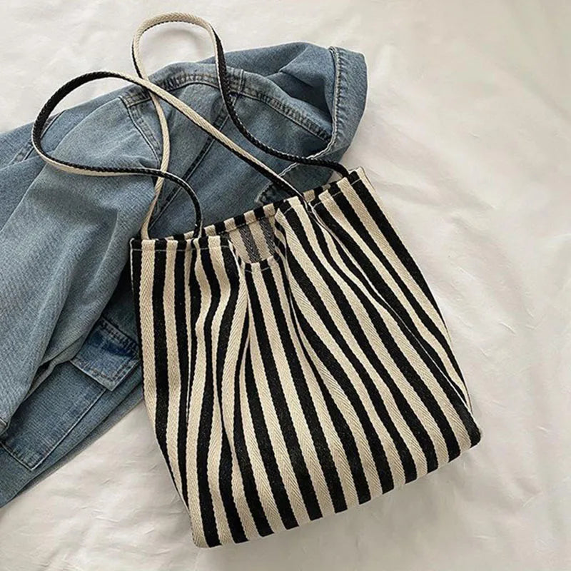Bolso tote de lona a rayas con dos asas