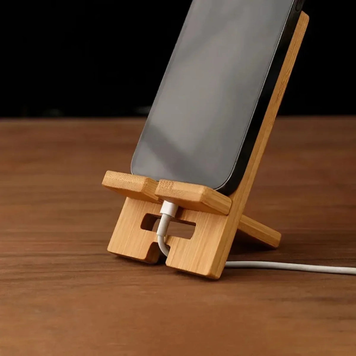Soporte desmontable de bambú para celular de escritorio