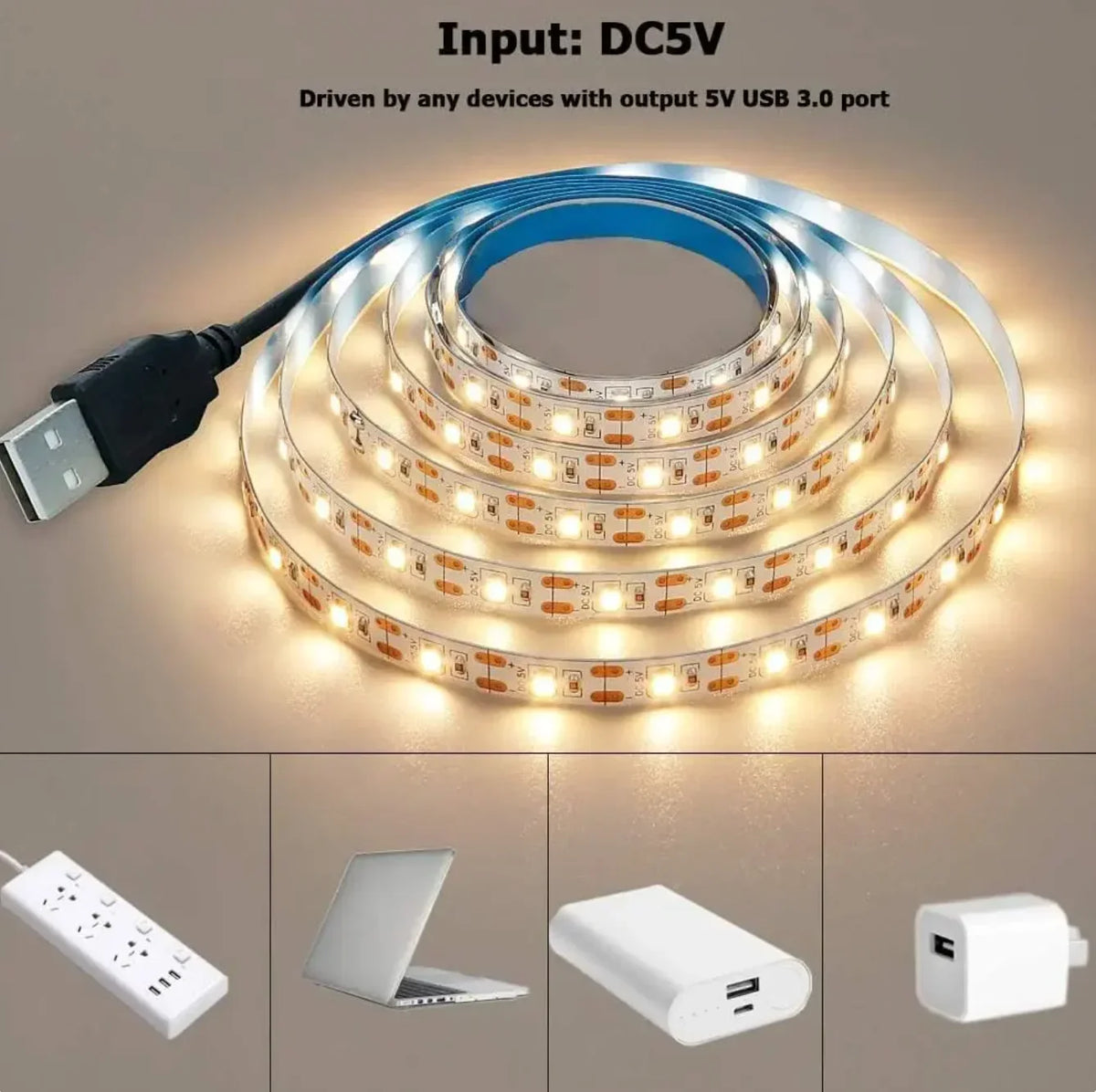 Tira LED USB de 5 V con luz blanca o cálida