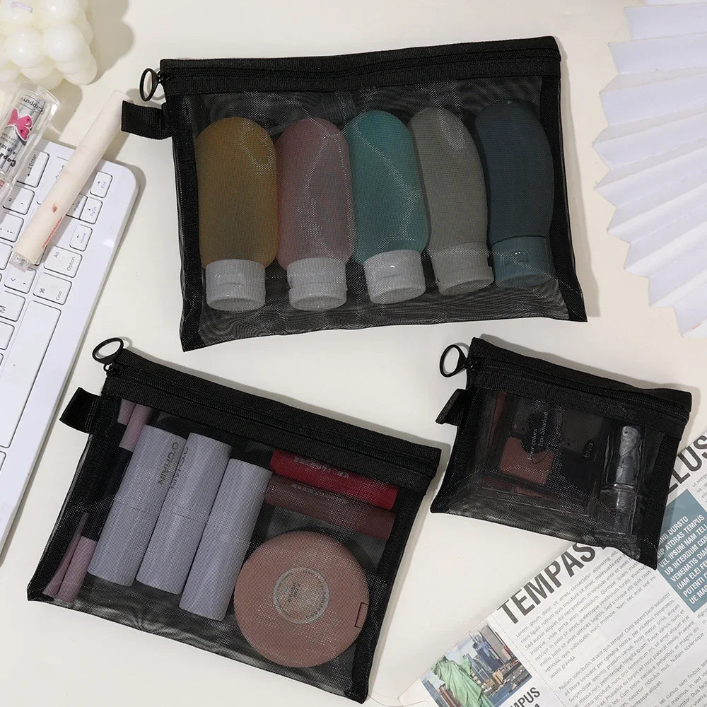 Neceser negro de malla de nylon con cierre para maquillaje
