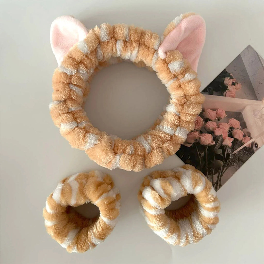 Set de vincha con orejas de gato y muñequeras para limpieza facial