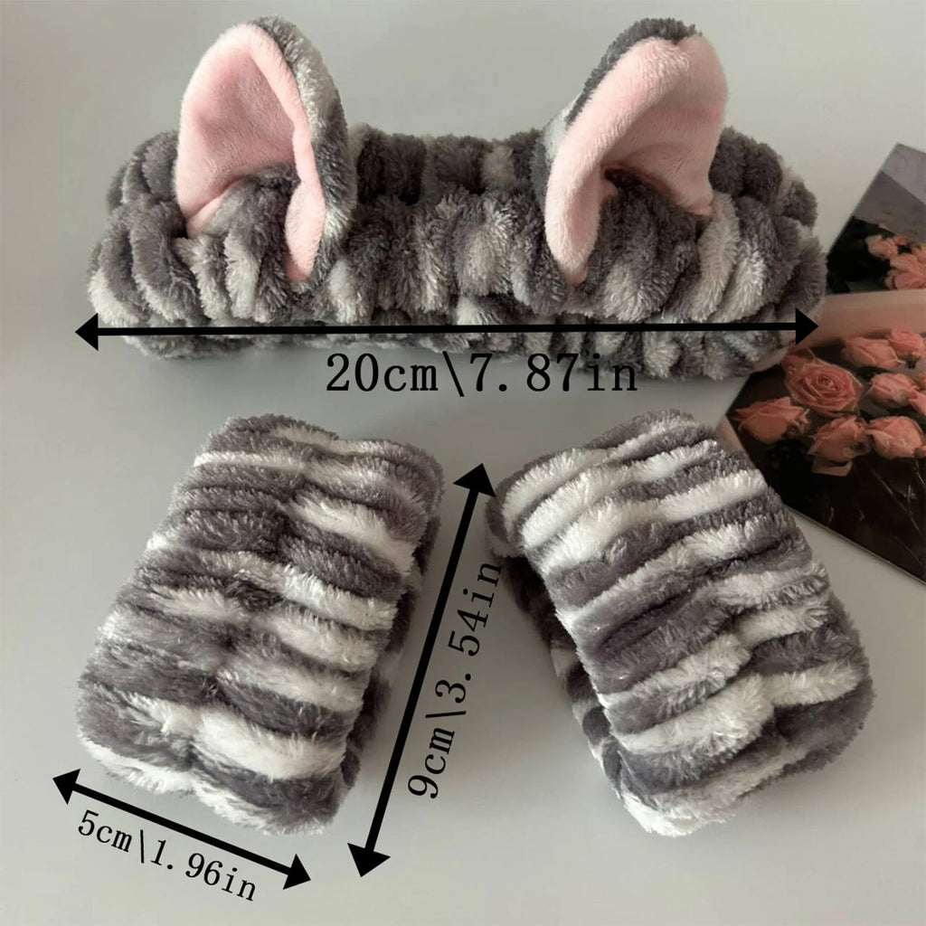 Set de vincha con orejas de gato y muñequeras para limpieza facial