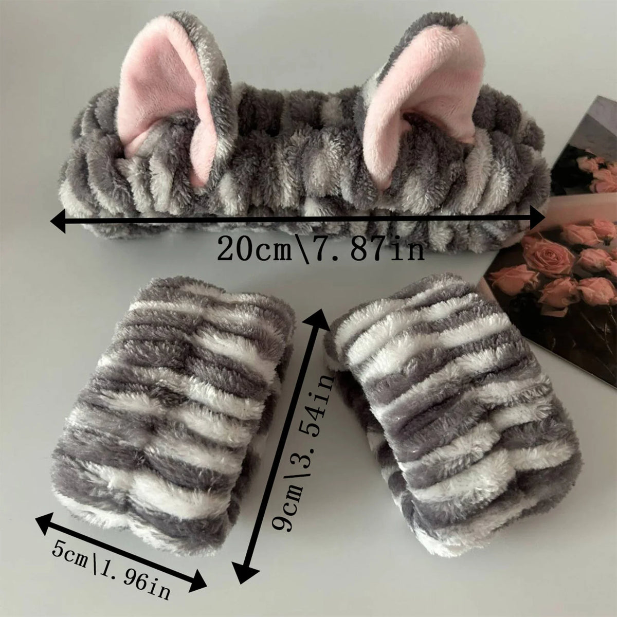 Set de vincha con orejas de gato y muñequeras para limpieza facial