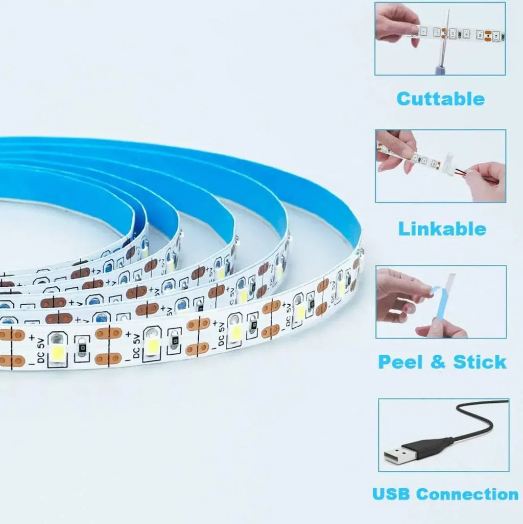 Tira LED USB de 5 V con luz blanca o cálida