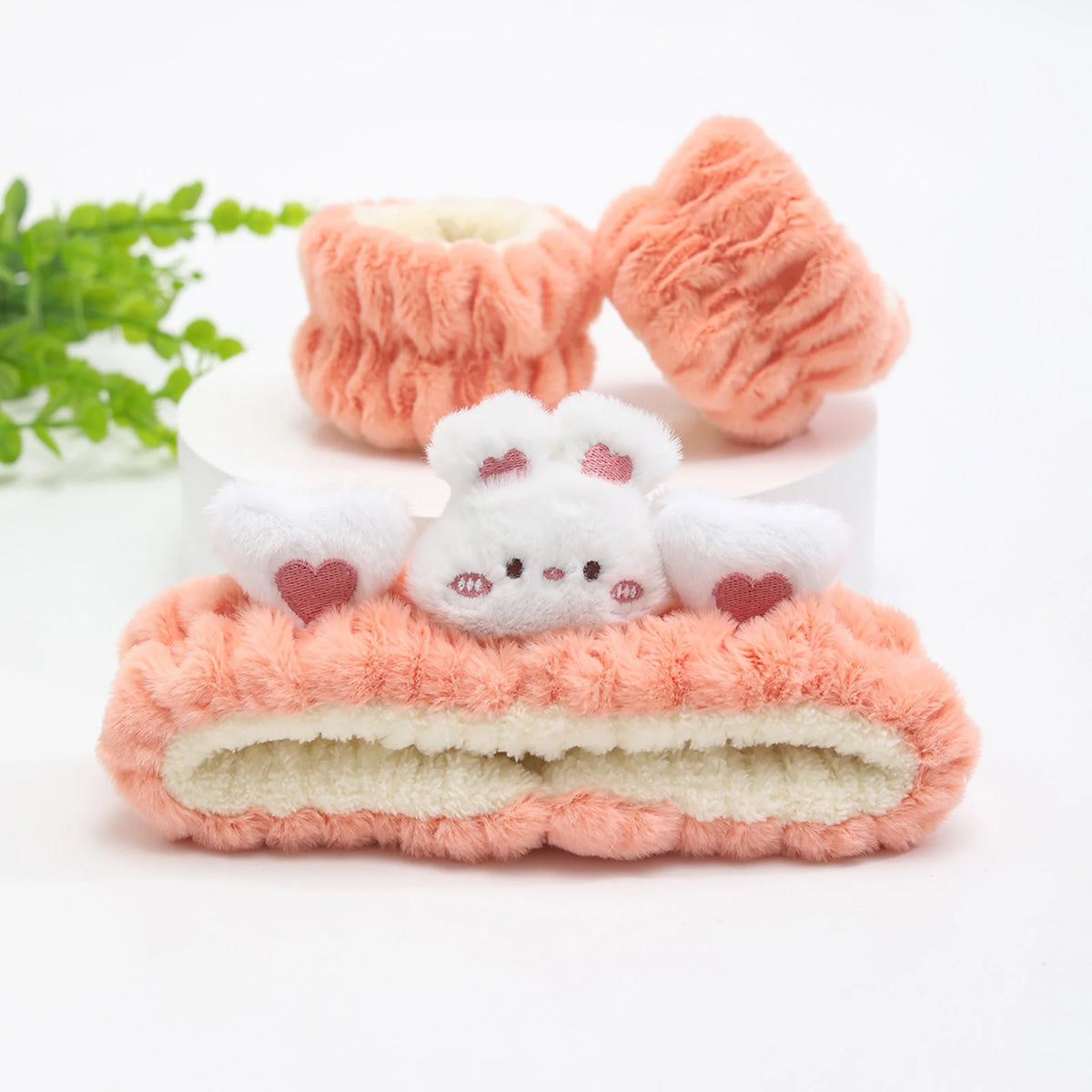 Set de vincha con orejas de gato y muñequeras para limpieza facial