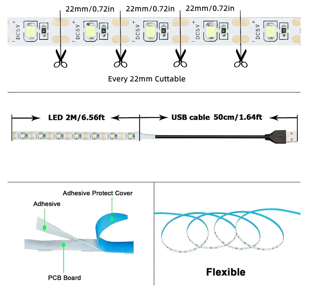 Tira LED USB de 5 V con luz blanca o cálida