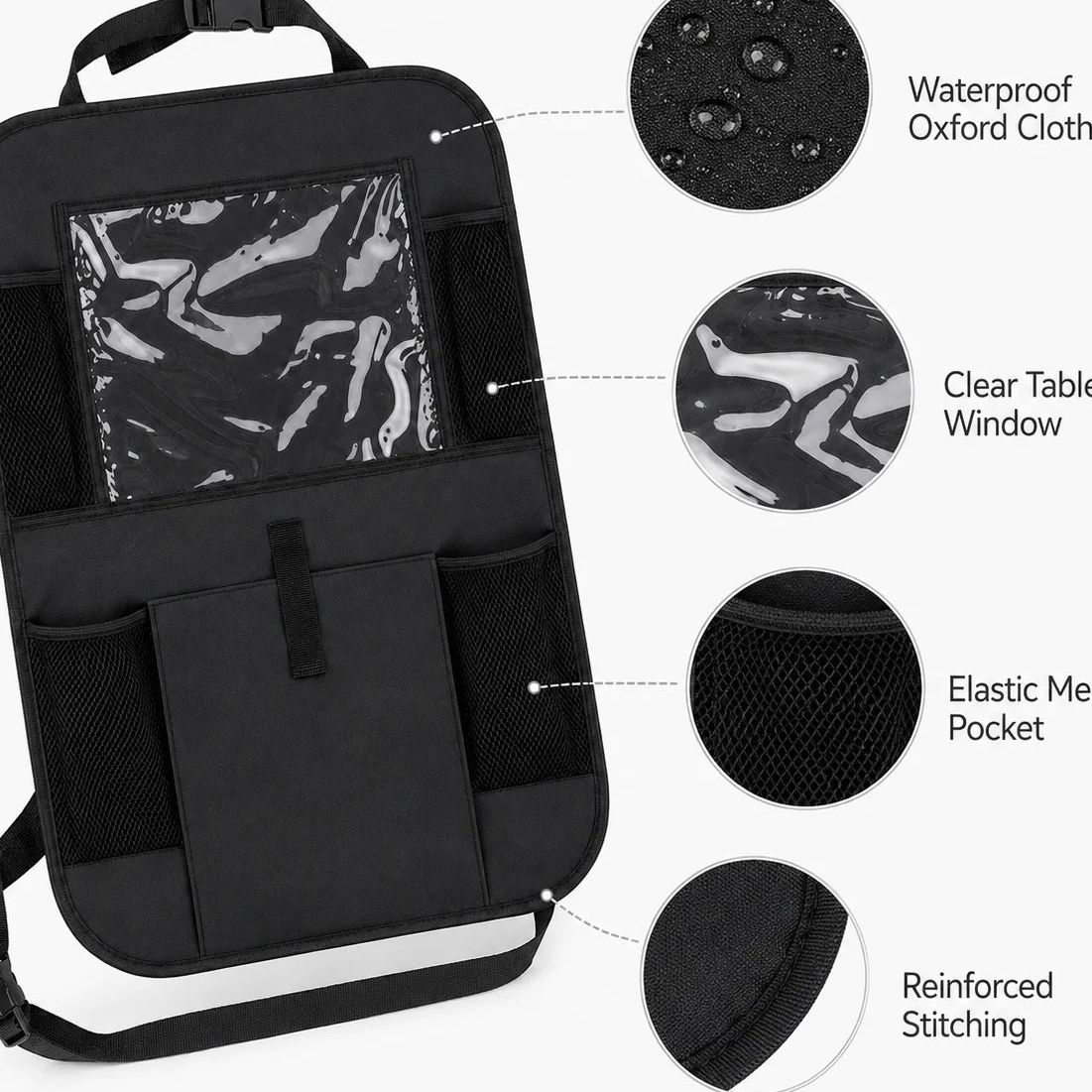 Organizador trasero de auto con bolsillo transparente