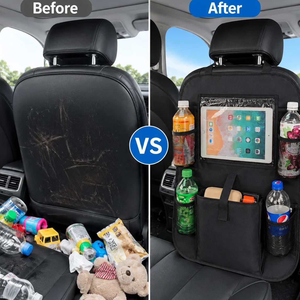 Organizador trasero de auto con bolsillo transparente