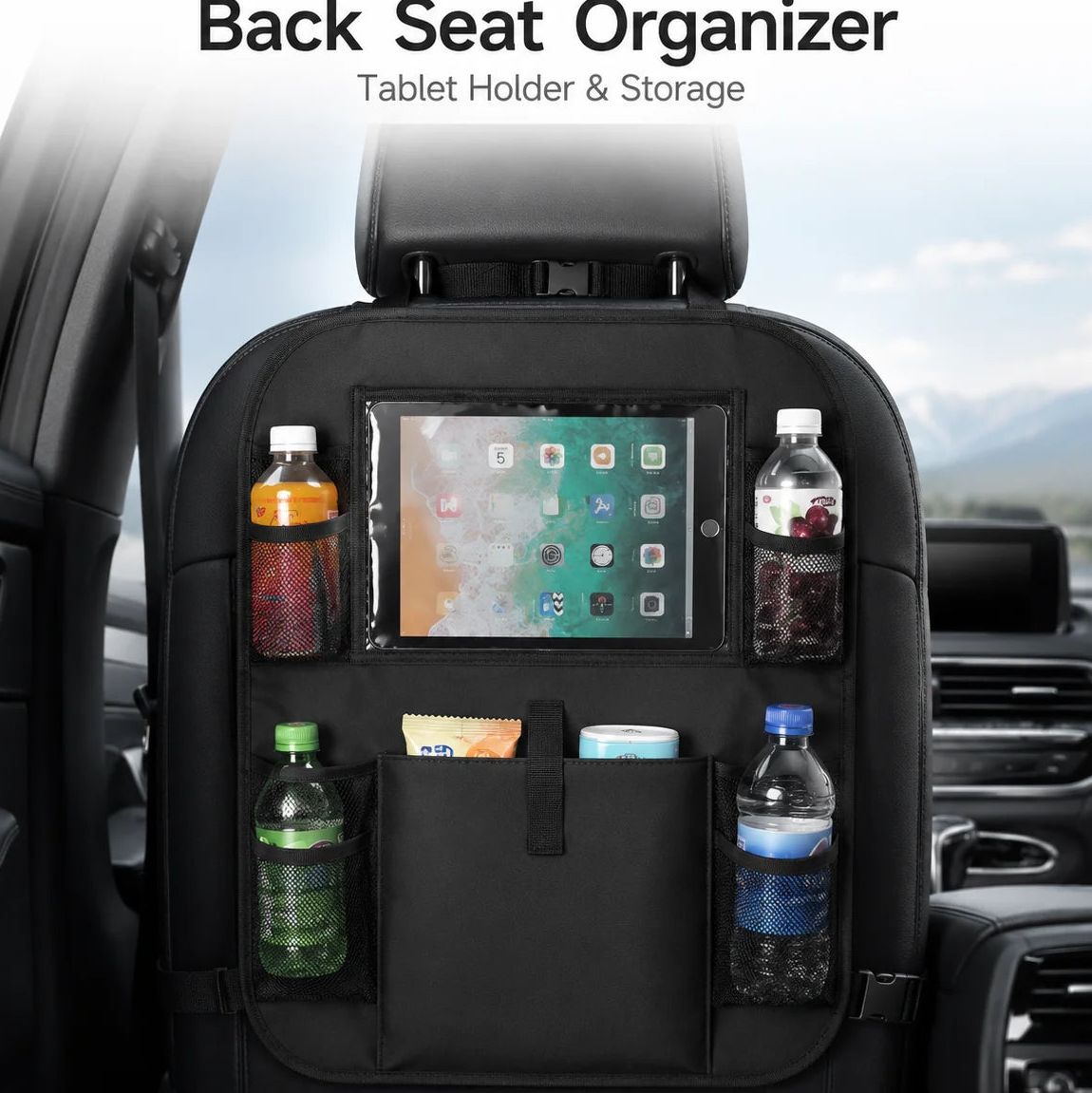 Organizador trasero de auto con bolsillo transparente